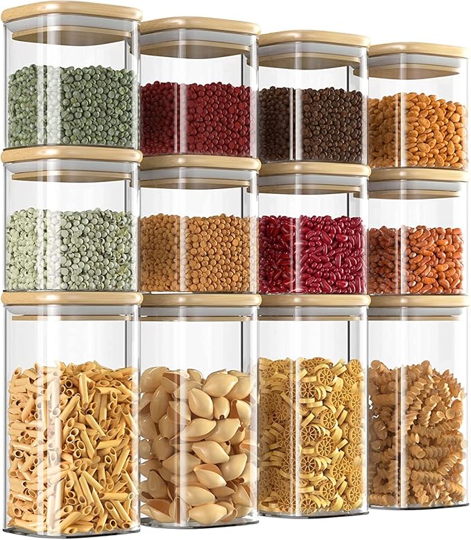 Acetshop 12-Pack Glass Storage Jars with Bamboo Lids, Airtight Food Jars for Kitchen Organization, Spice, Coffee, Tea, Sugar, Pasta, and Snacks