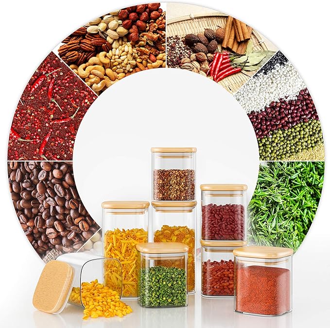 Acetshop 12-Pack Glass Storage Jars with Bamboo Lids, Airtight Food Jars for Kitchen Organization, Spice, Coffee, Tea, Sugar, Pasta, and Snacks